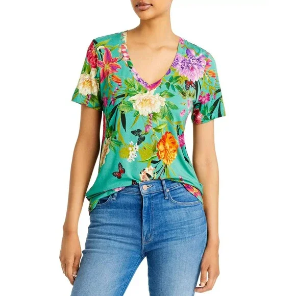 Johnny Was Panya Favorite Floral V-Neck T-Shirt Women's Size M Butterflies BOHO - Picture 3 of 15